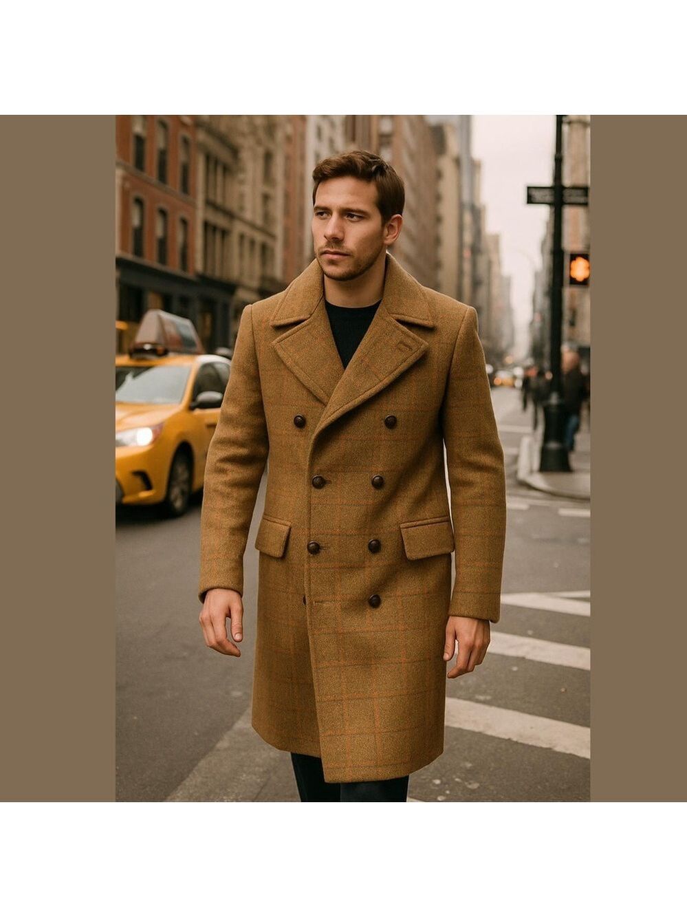 VTG HERMAN PHILLIPS WOOL TAN PLAID ECLECTIC GRANDPA DBL BREASTED TRENCH COAT 40 - Picture 1 of 17
